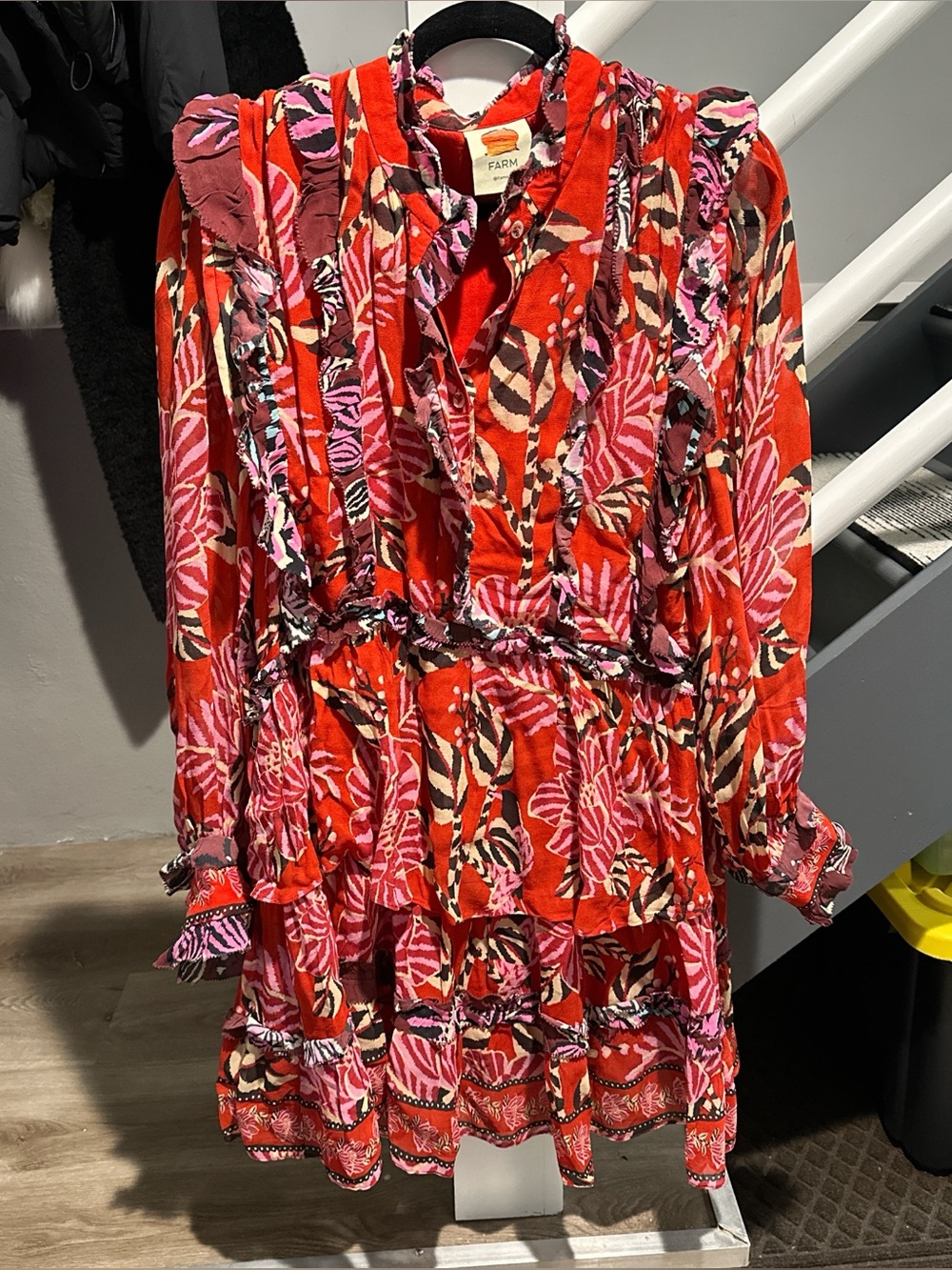 FARM Rio Red Floral Tiered Long-Sleeve Dress with Pink Accents